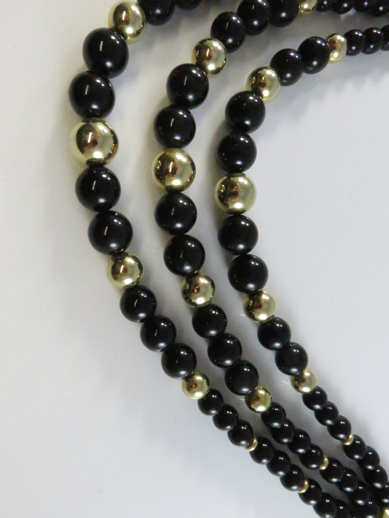 Vintage 1980s Black & Gold Bead Necklace, 3 Strand, Made in Korea