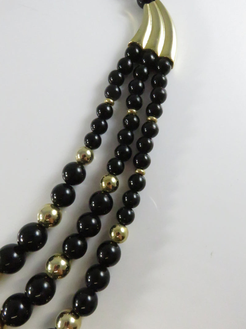 Vintage 1980s Black & Gold Bead Necklace, 3 Strand, Made in Korea