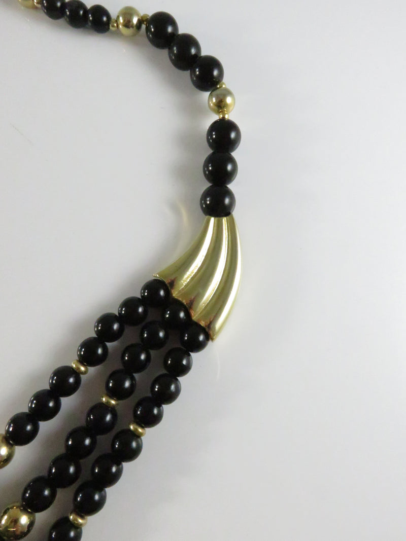 Vintage 1980s Black & Gold Bead Necklace, 3 Strand, Made in Korea