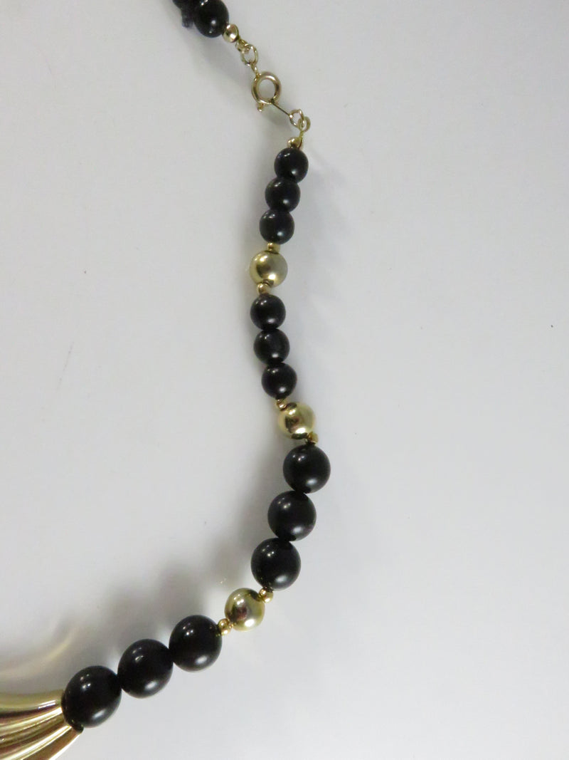 Vintage 1980s Black & Gold Bead Necklace, 3 Strand, Made in Korea