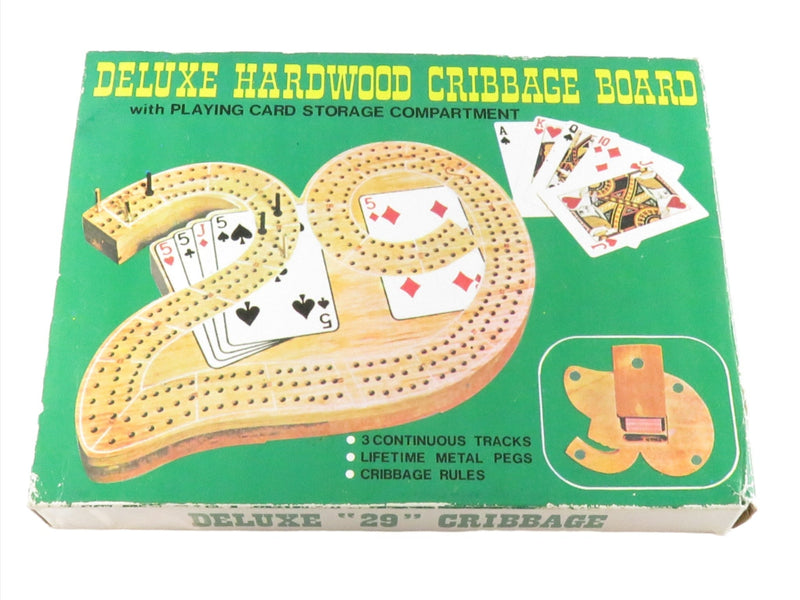 Vintage c1970 Deluxe Hardwood Cribbage Board Game 3 Person in Box — front view