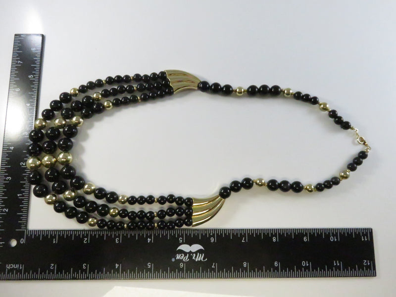 Vintage 1980s Black & Gold Bead Necklace, 3 Strand, Made in Korea