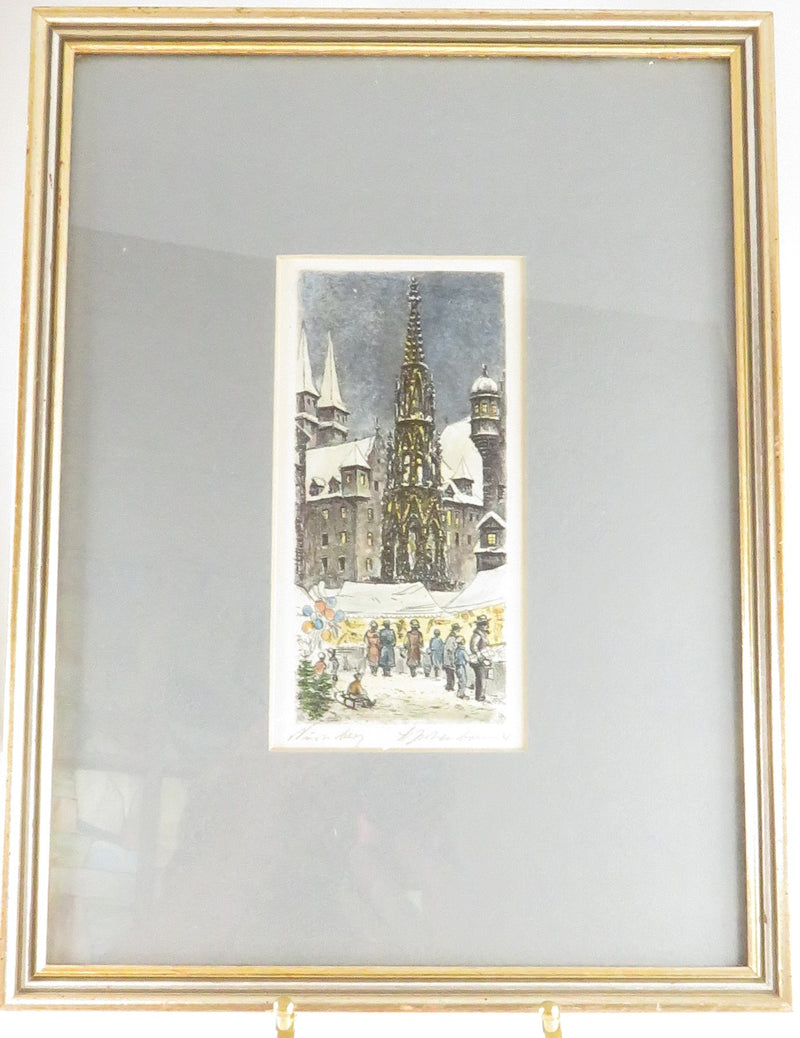 Small Distinguished Painted Water Colored Etching of Steeple With Market Signed