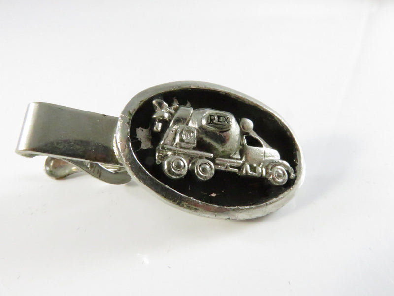 REX Cement Mixer Tie Bar, Unique Truck Theme, Silver Tone, Poor Vintage Condition, 1.75"
