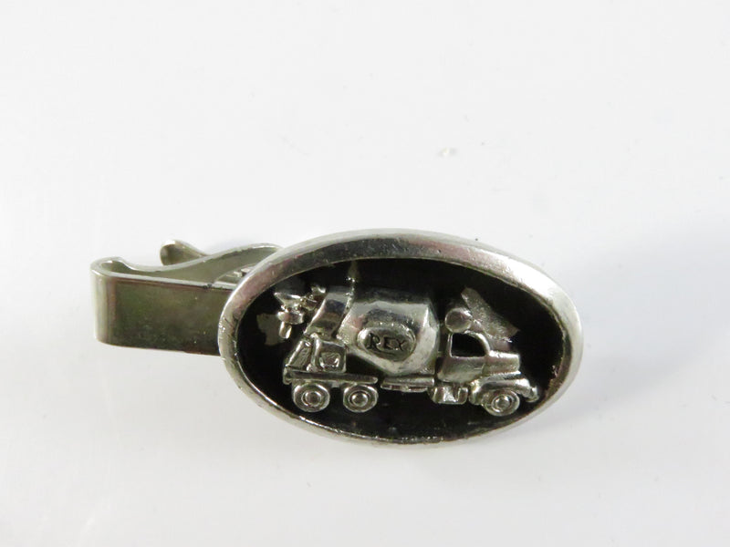 REX Cement Mixer Tie Bar, Unique Truck Theme, Silver Tone, Poor Vintage Condition, 1.75"