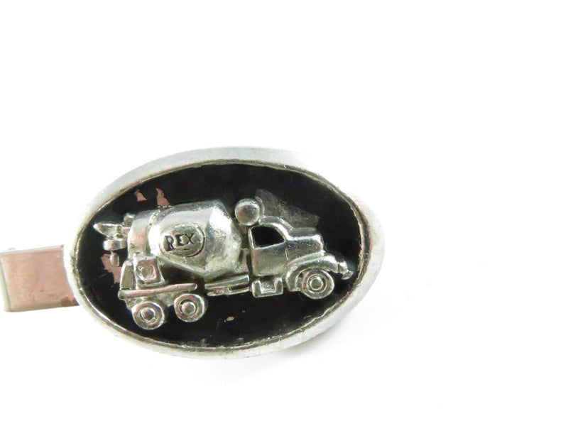 REX Cement Mixer Tie Bar, Unique Truck Theme, Silver Tone, Poor Vintage Condition, 1.75"