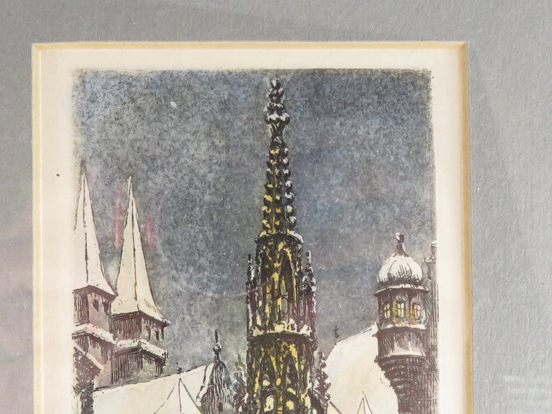 Small Distinguished Painted Water Colored Etching of Steeple With Market Signed