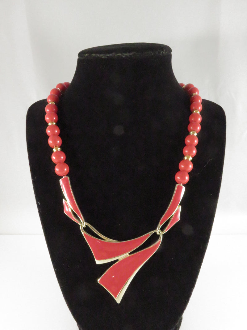 Vintage c1975 Reddish Orange Faux Coral Beaded Necklace, Geometric Pendant