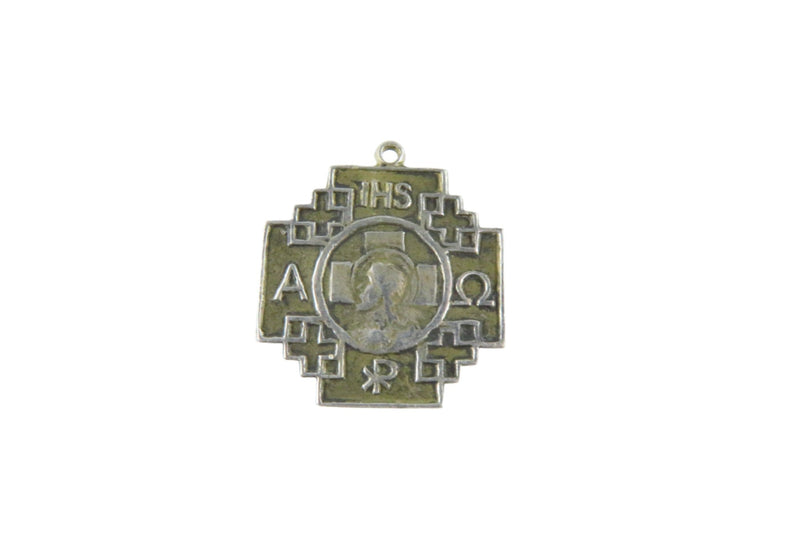 Crusade Cross Vintage Catholic Medal Charm Virgin Mary Jesus Alpha & Omega — front view
