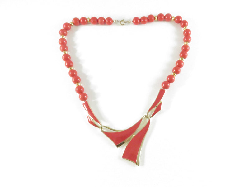 Vintage c1975 Reddish Orange Faux Coral Beaded Necklace, Geometric Pendant