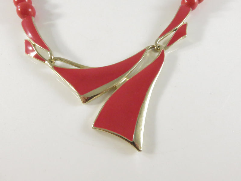 Vintage c1975 Reddish Orange Faux Coral Beaded Necklace, Geometric Pendant