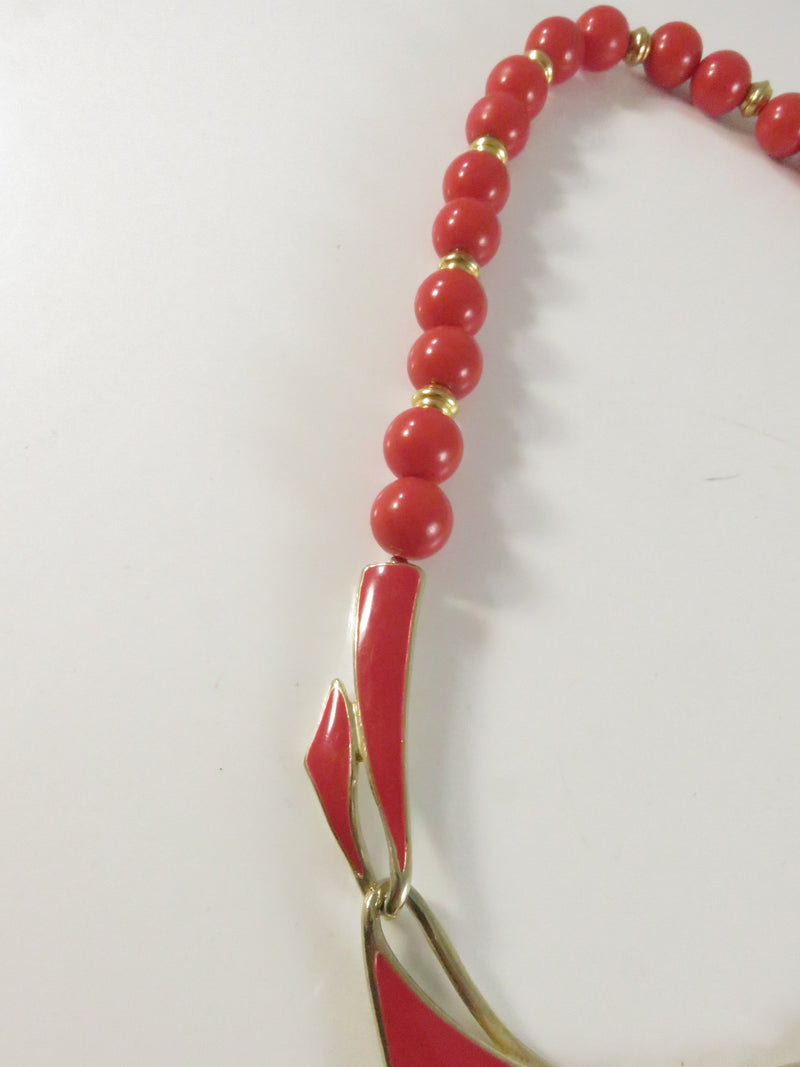 Vintage c1975 Reddish Orange Faux Coral Beaded Necklace, Geometric Pendant