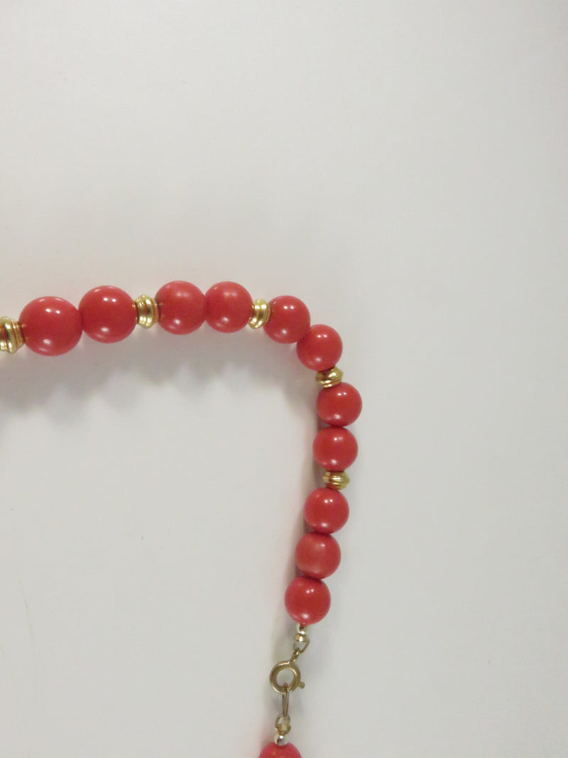 Vintage c1975 Reddish Orange Faux Coral Beaded Necklace, Geometric Pendant