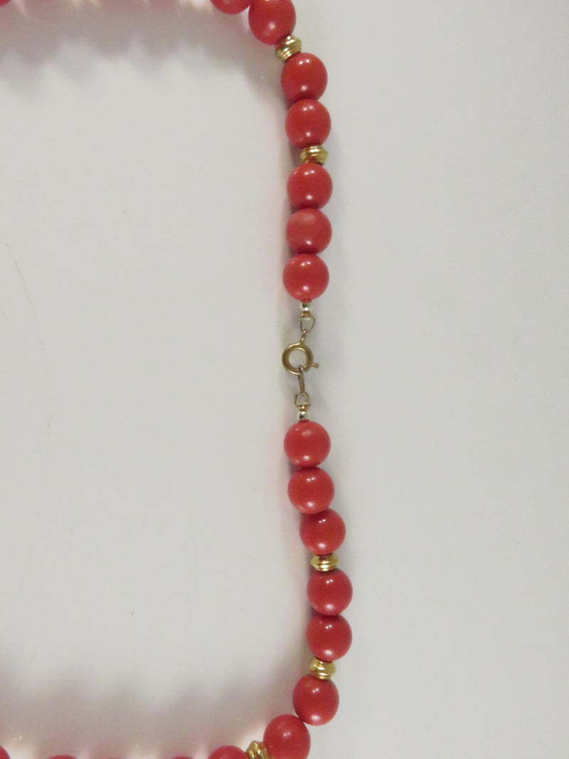 Vintage c1975 Reddish Orange Faux Coral Beaded Necklace, Geometric Pendant