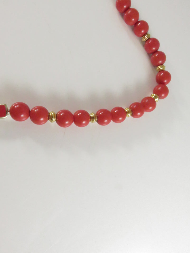Vintage c1975 Reddish Orange Faux Coral Beaded Necklace, Geometric Pendant