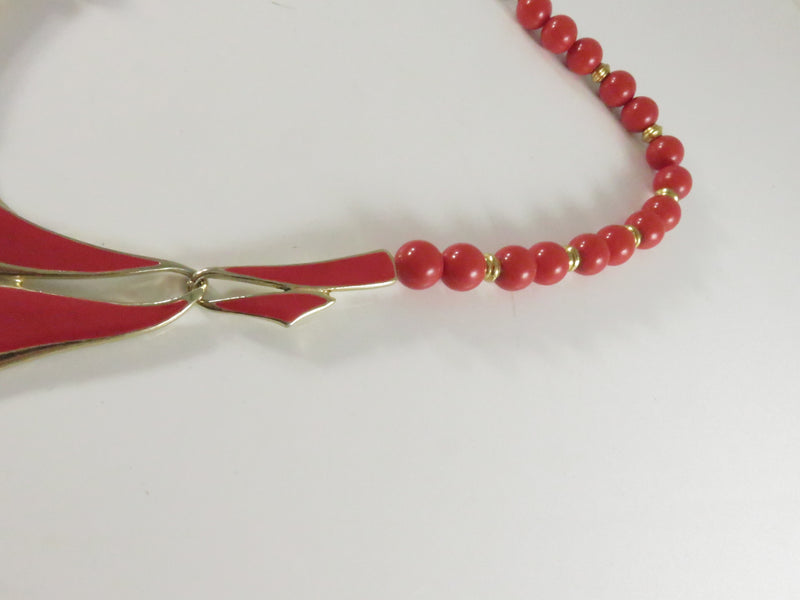 Vintage c1975 Reddish Orange Faux Coral Beaded Necklace, Geometric Pendant