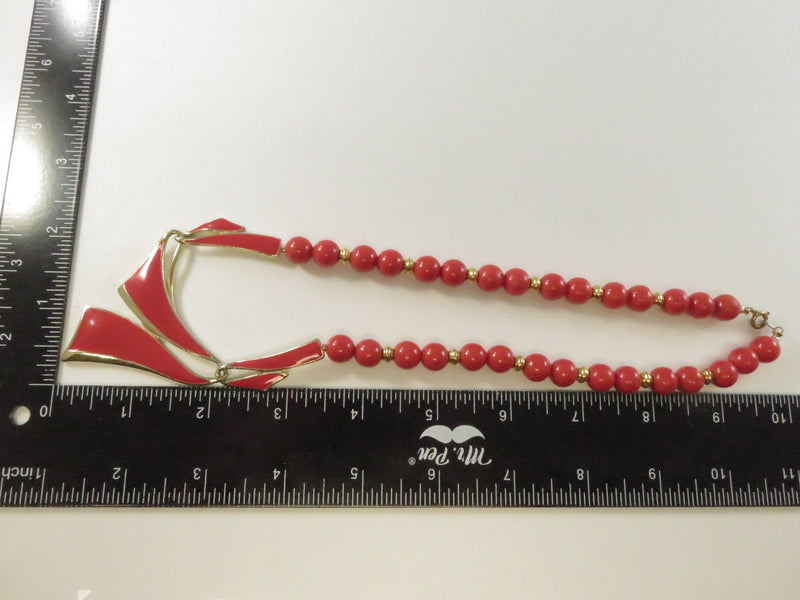 Vintage c1975 Reddish Orange Faux Coral Beaded Necklace, Geometric Pendant