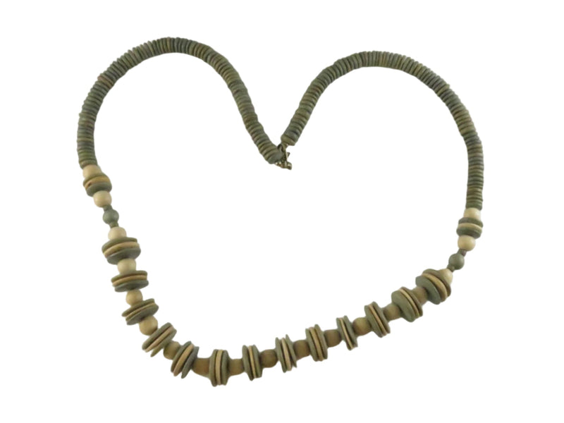Vintage Boho 1980s Wood Disc & Ball Necklace, Green & Tan, 30 Inch — front view