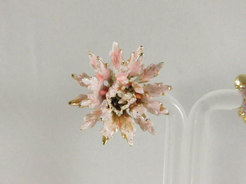 Blush Pink Enamel Earrings, Vintage Floral Clips, Gold Tone Petals, 1960s Style, 1"