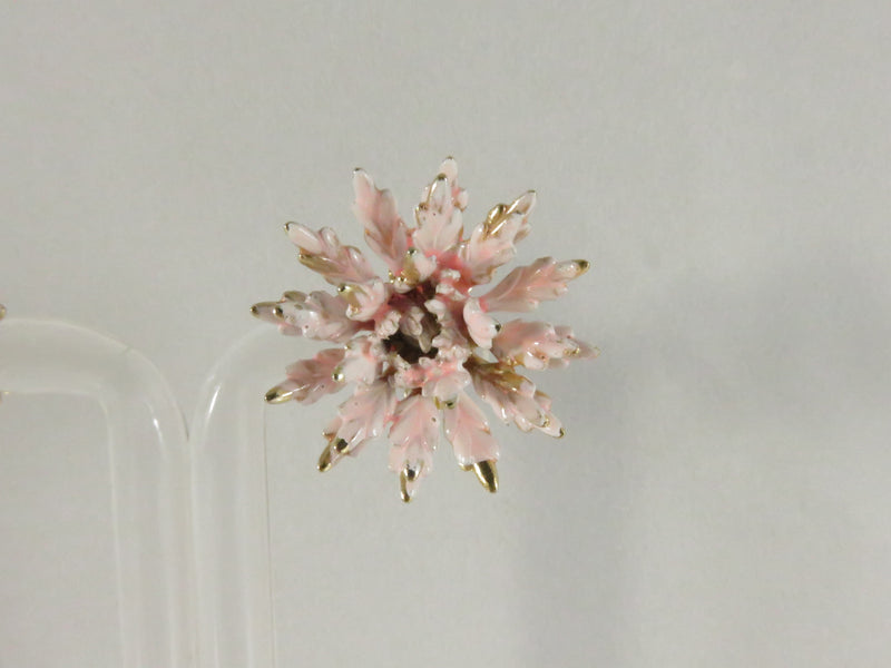 Blush Pink Enamel Earrings, Vintage Floral Clips, Gold Tone Petals, 1960s Style, 1"