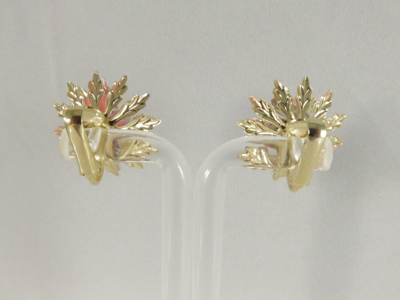 Blush Pink Enamel Earrings, Vintage Floral Clips, Gold Tone Petals, 1960s Style, 1"