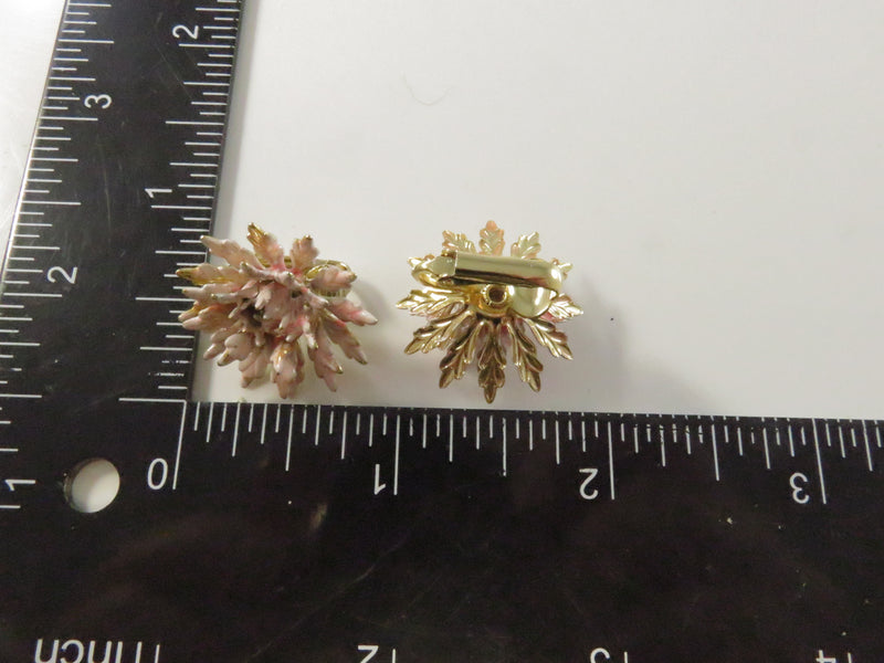 Blush Pink Enamel Earrings, Vintage Floral Clips, Gold Tone Petals, 1960s Style, 1"