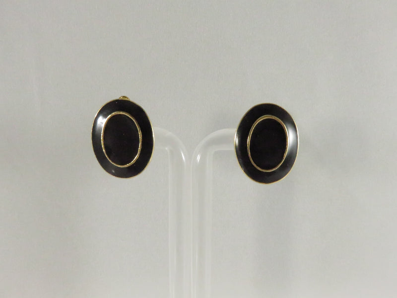 Vintage Black Enamel Clips, Gold Tone Oval Earrings, 7/8", Needs Cushions, Retro Style