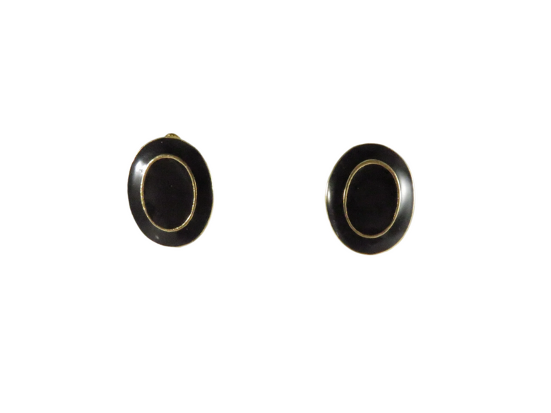 Vintage Black Enamel Clips, Gold Tone Oval Earrings, 7/8", Needs Cushions, Retro Style