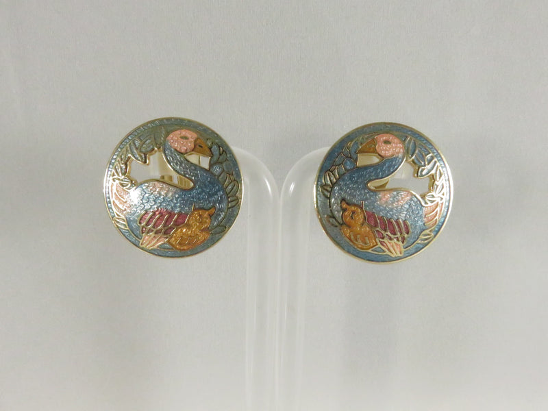 Cloisonne Style Bird Clips, Enamel Earrings, Gold Tone, 1980s Vintage, Pierced, 1"