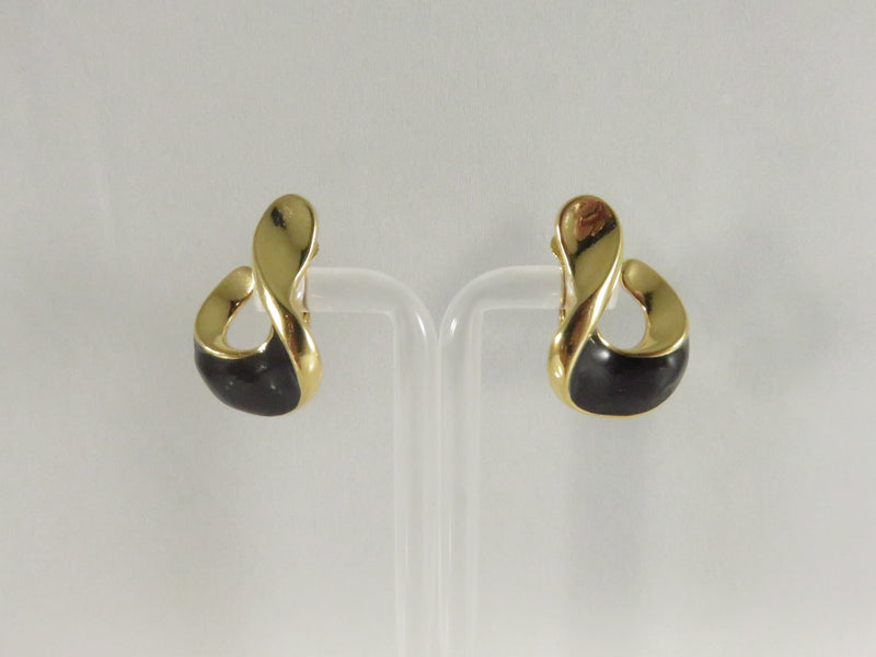 1992 Style Geometric Clips, Black Enamel Earrings, Avon Inspired, Gold Tone, 1.25"