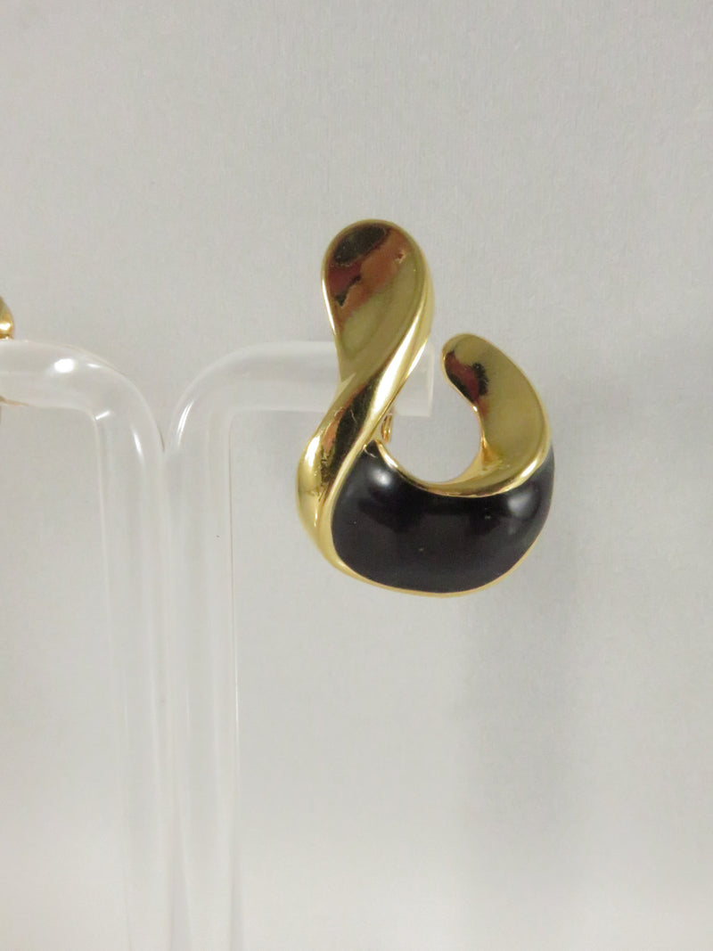 1992 Style Geometric Clips, Black Enamel Earrings, Avon Inspired, Gold Tone, 1.25"