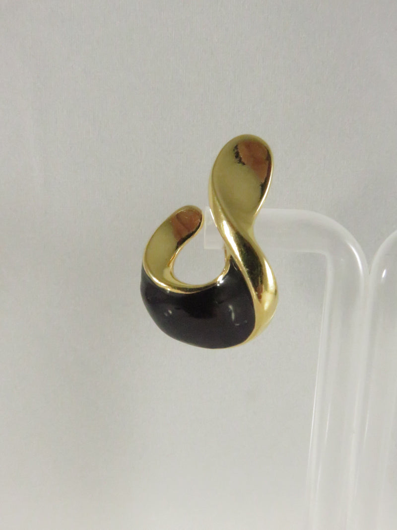 1992 Style Geometric Clips, Black Enamel Earrings, Avon Inspired, Gold Tone, 1.25"