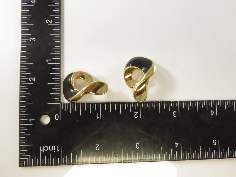 1992 Style Geometric Clips, Black Enamel Earrings, Avon Inspired, Gold Tone, 1.25"