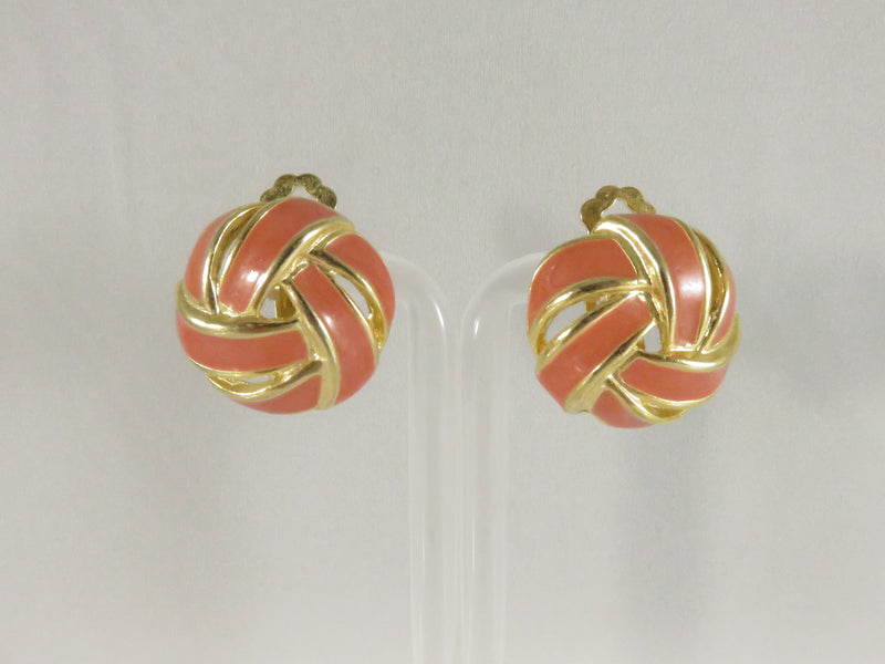 Domed Orange Enamel Clips, Basket Weave Earrings, Signed Designer, 1980s Style, 1"