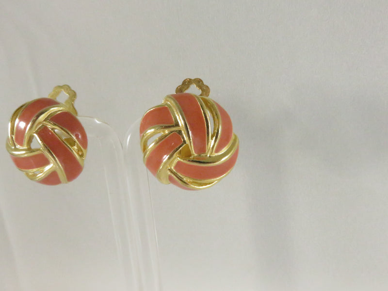 Domed Orange Enamel Clips, Basket Weave Earrings, Signed Designer, 1980s Style, 1"