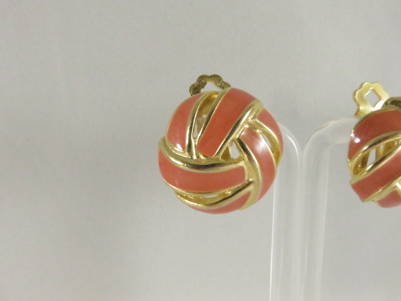 Domed Orange Enamel Clips, Basket Weave Earrings, Signed Designer, 1980s Style, 1"