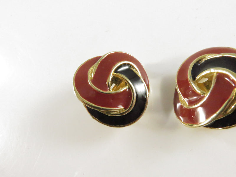 1980s Woven Ribbon Clips, Red Black Enamel Earrings, Chunky Interlocking, 1"