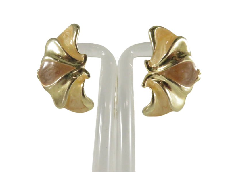 1980s Petal Clip Earrings, Glitter Enamel, Cream Brown, Gold Tone, 1.37" Height