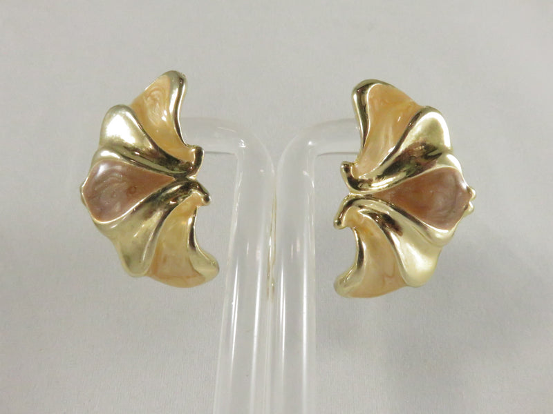 1980s Petal Clip Earrings, Glitter Enamel, Cream Brown, Gold Tone, 1.37" Height