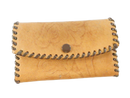 Front view of tan hand-tooled leather coin dispenser wallet with floral tooling, dark whipstitching, and snap button