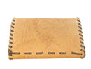 Back view of tan leather wallet with floral tooling and dark whipstitched edges