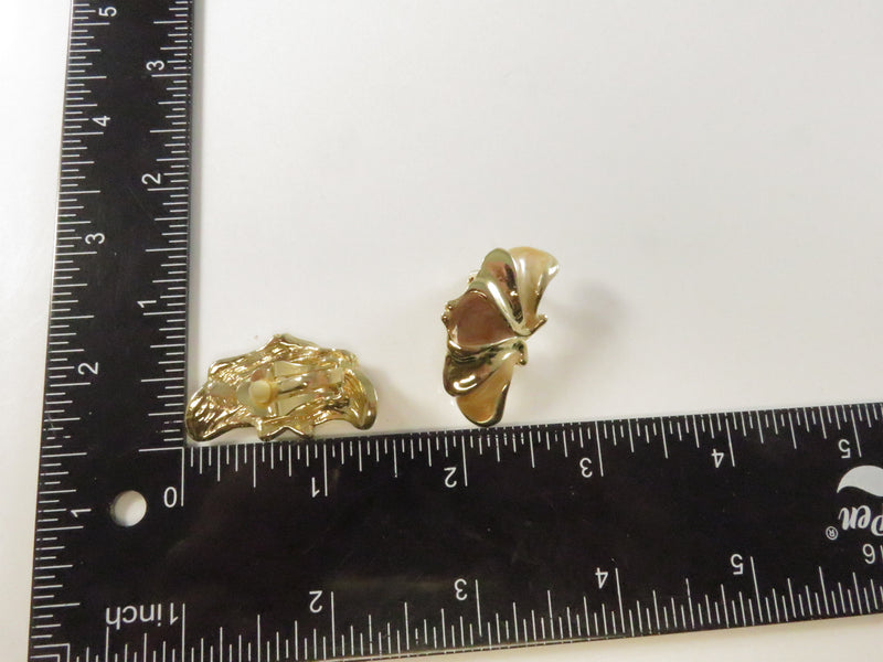 1980s Petal Clip Earrings, Glitter Enamel, Cream Brown, Gold Tone, 1.37" Height