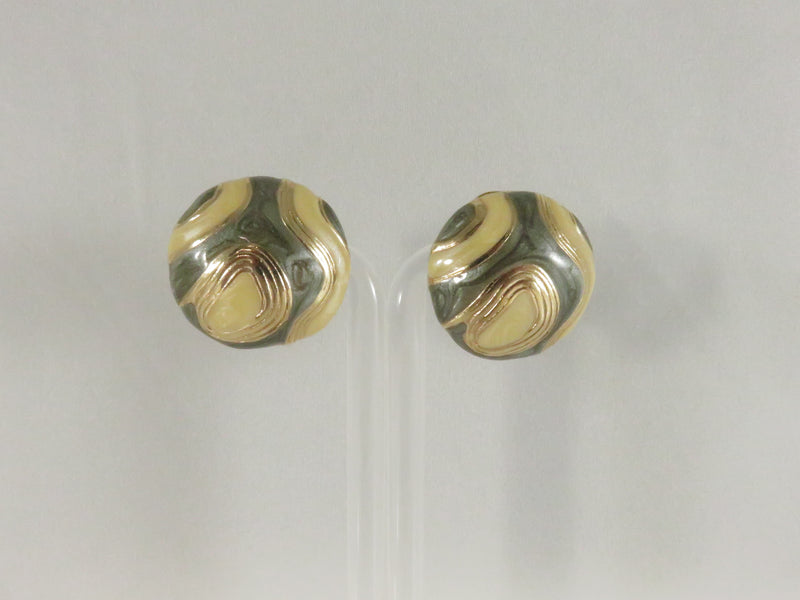 1980s Glitter Round Clips, Gray Cream Enamel Earrings, Unusual Design, 1.12", Gold Tone