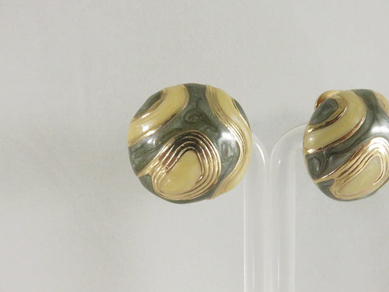 1980s Glitter Round Clips, Gray Cream Enamel Earrings, Unusual Design, 1.12", Gold Tone