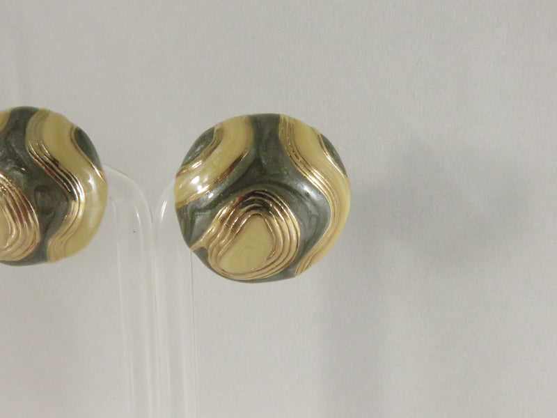 1980s Glitter Round Clips, Gray Cream Enamel Earrings, Unusual Design, 1.12", Gold Tone