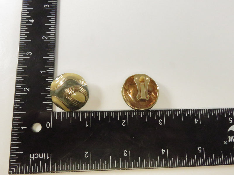 1980s Glitter Round Clips, Gray Cream Enamel Earrings, Unusual Design, 1.12", Gold Tone