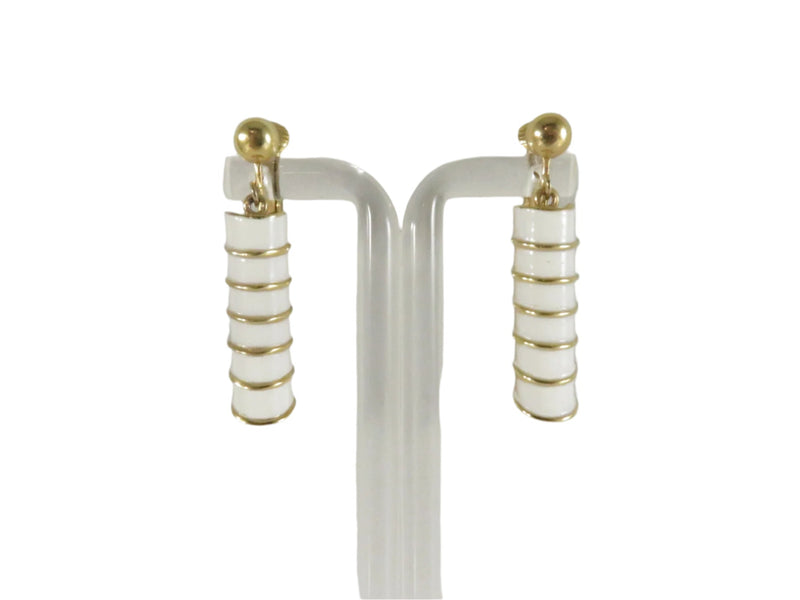 1980s Ribbed Dangle Clips, White Enamel Earrings, 1.5" Drop, Gold Tone Statement — Gold, Enamel — front view