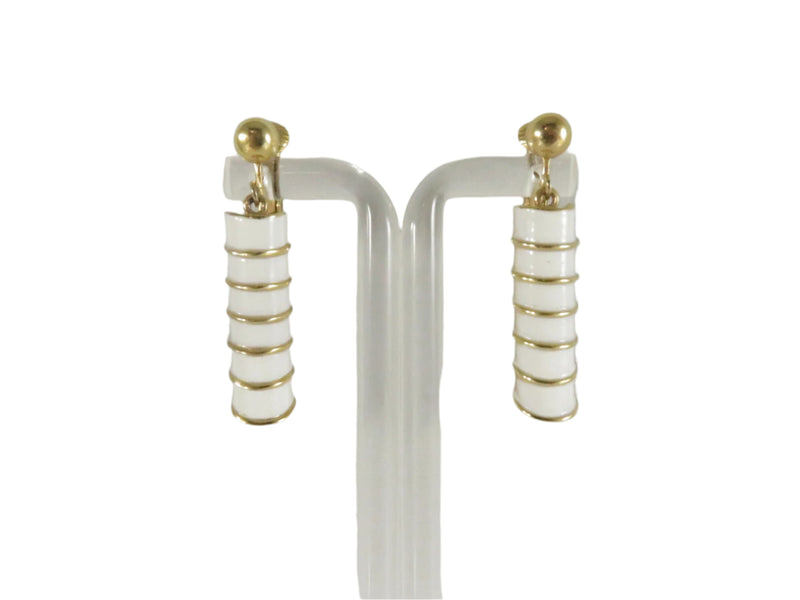 1980s Ribbed Dangle Clips, White Enamel Earrings, 1.5" Drop, Gold Tone Statement