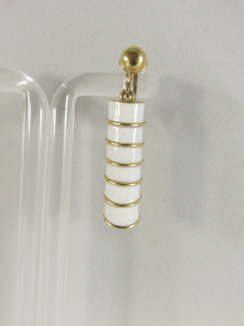 1980s Ribbed Dangle Clips, White Enamel Earrings, 1.5" Drop, Gold Tone Statement