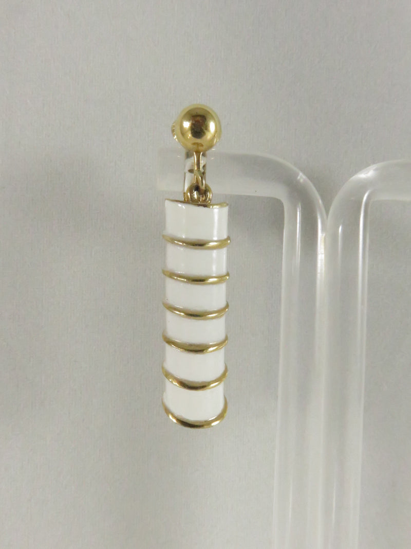 1980s Ribbed Dangle Clips, White Enamel Earrings, 1.5" Drop, Gold Tone Statement